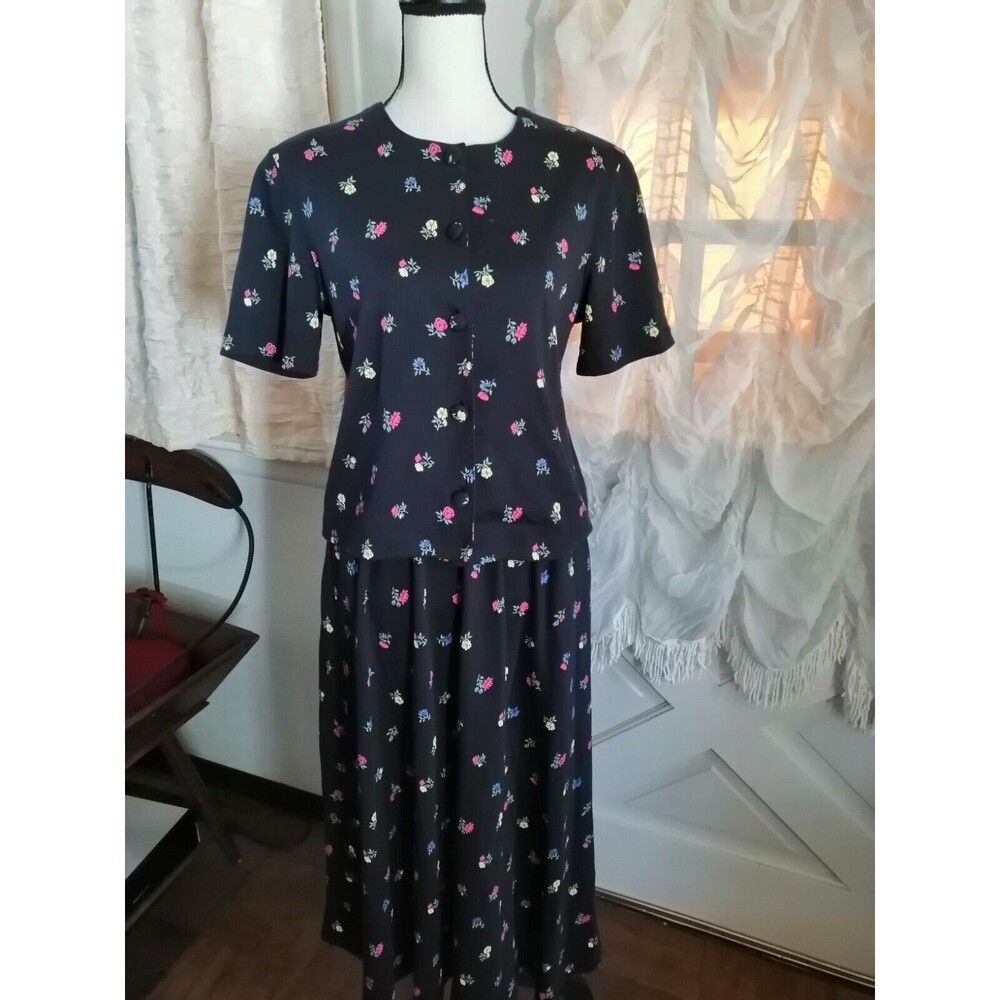 Vintage Talbots Skirt Blouse Set Floral Black Cotton